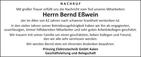Traueranzeige von Bernd Eßwein von Schwäbische Post
