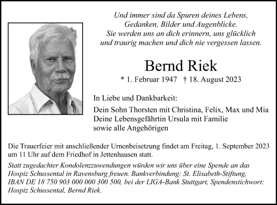 Traueranzeige von Bernd Riek von Schwäbische Post