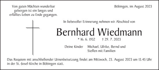 Traueranzeige von Bernhard Wiedmann von Gmünder Tagespost