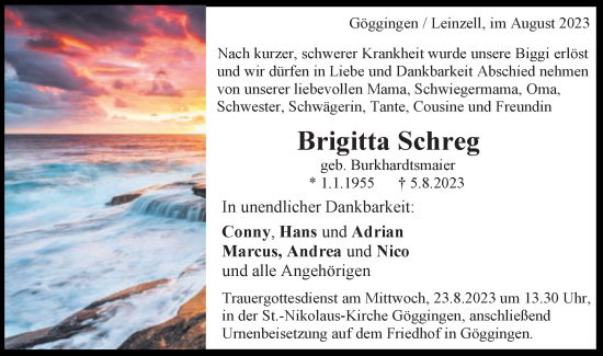 Traueranzeige von Brigitta Schreg