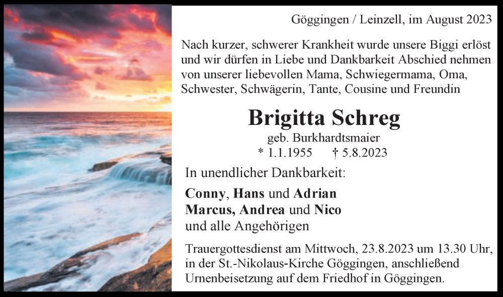  Traueranzeige für Brigitta Schreg vom 19.08.2023 aus Gmünder Tagespost