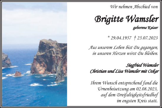 Traueranzeige von Brigitte Wamsler von Gmünder Tagespost