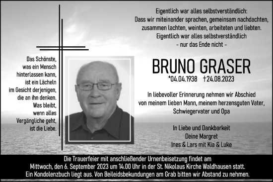 Traueranzeige von Bruno Graser von Schwäbische Post