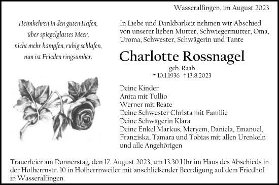Traueranzeige von Charlotte Rossnagel von Schwäbische Post