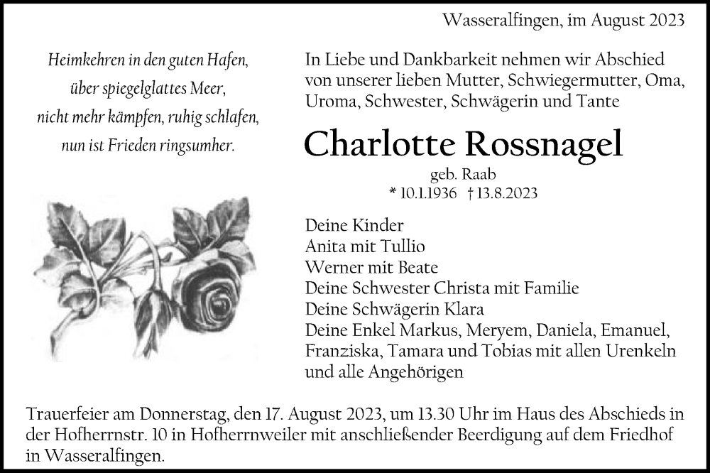  Traueranzeige für Charlotte Rossnagel vom 15.08.2023 aus Schwäbische Post