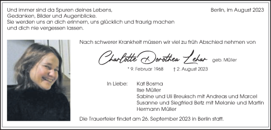 Traueranzeige von Charlotte Dorothea Lehar von Gmünder Tagespost