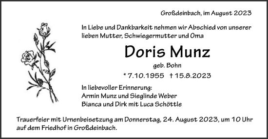 Traueranzeige von Doris Munz von Gmünder Tagespost