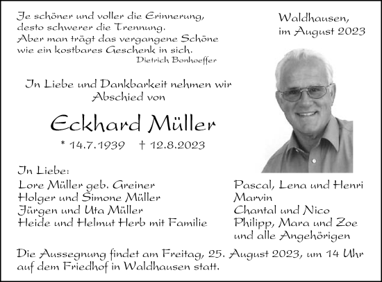 Traueranzeige von Eckhard Müller von Gmünder Tagespost