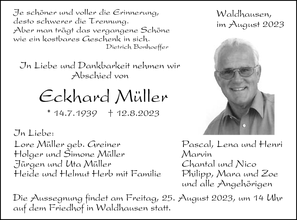  Traueranzeige für Eckhard Müller vom 22.08.2023 aus Gmünder Tagespost