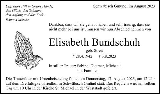 Traueranzeige von Elisabeth Bundschuh von Gmünder Tagespost