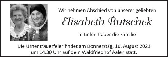 Traueranzeige von Elisabeth Butschek von Schwäbische Post
