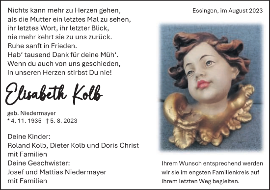 Traueranzeige von Elisabeth Kolb von Schwäbische Post