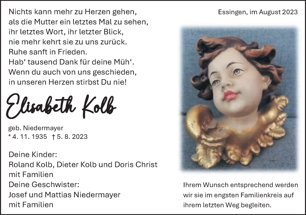  Traueranzeige für Elisabeth Kolb vom 08.08.2023 aus Schwäbische Post