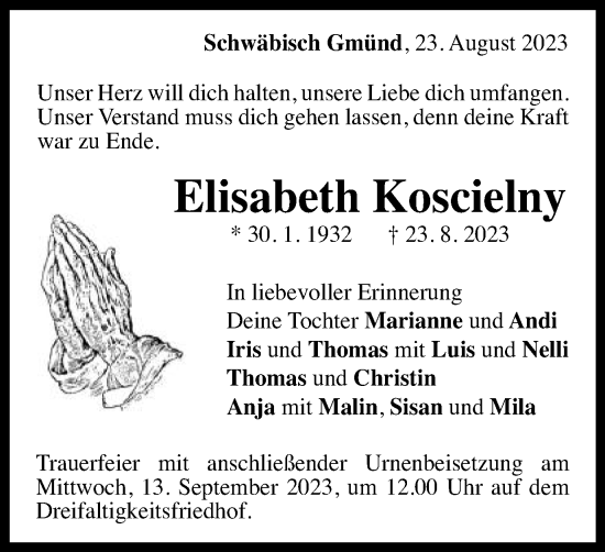 Traueranzeige von Elisabeth Koscielny von Gmünder Tagespost