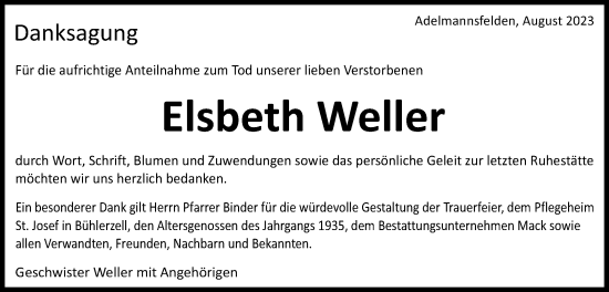 Traueranzeige von Elsbeth Weller von Schwäbische Post