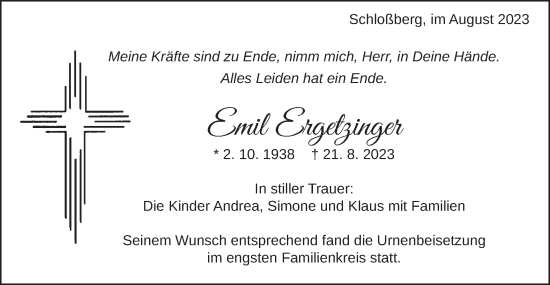 Traueranzeige von Emil Ergetzinger von Schwäbische Post