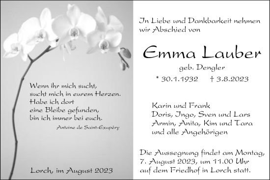 Traueranzeige von Emma Lauber von Gmünder Tagespost