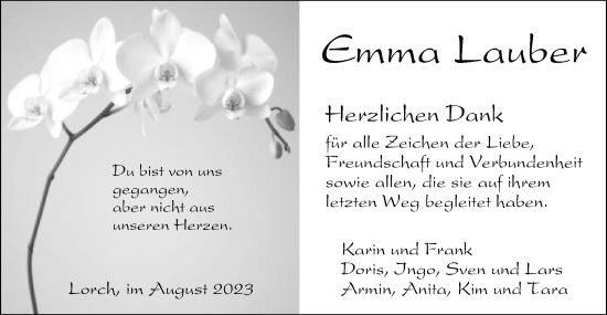 Traueranzeige von Emma Lauber von Gmünder Tagespost