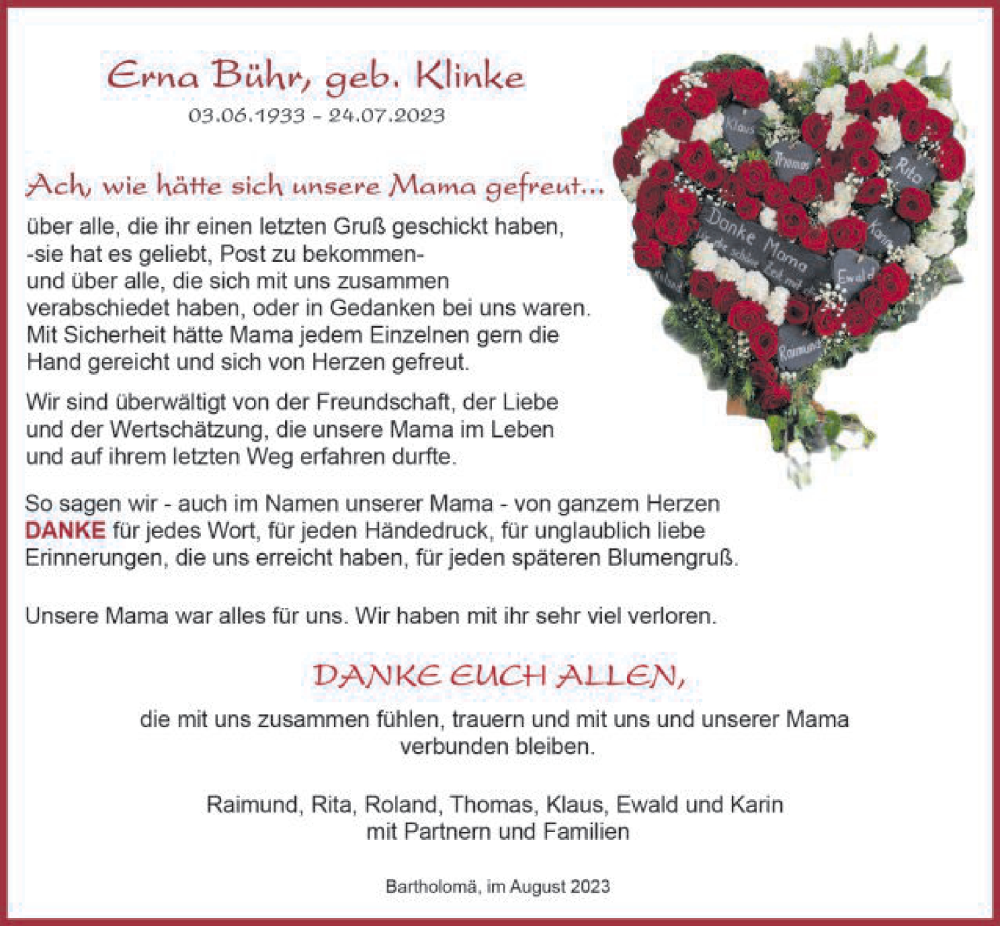  Traueranzeige für Erna Bühr vom 22.08.2023 aus Gmünder Tagespost