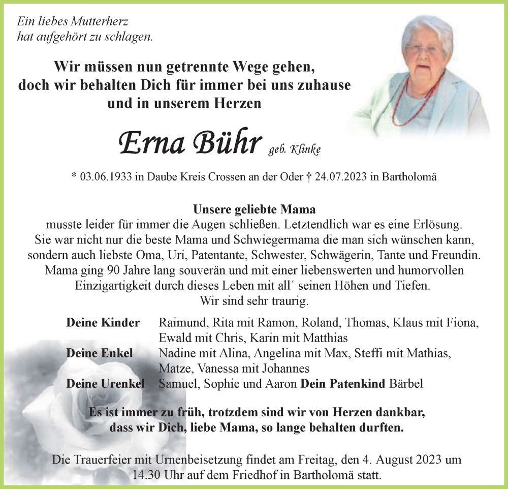  Traueranzeige für Erna Bühr vom 01.08.2023 aus Gmünder Tagespost