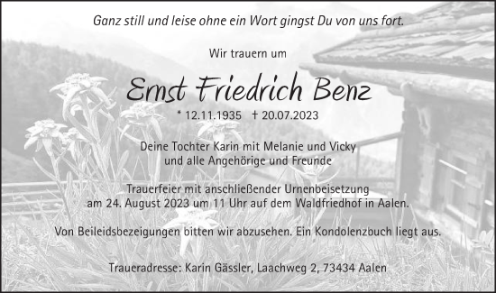 Traueranzeige von Ernst Friedrich Benz von Schwäbische Post