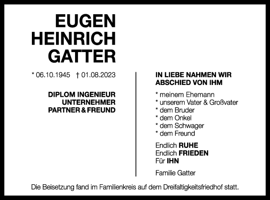 Traueranzeige von Eugen Heinrich Gatter von Gmünder Tagespost