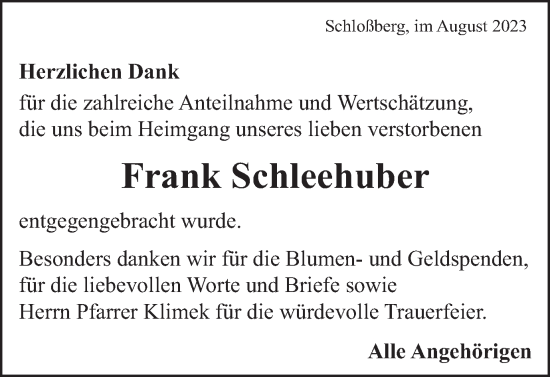 Traueranzeige von Frank Schleehuber von Bopfinger Stadtanzeiger