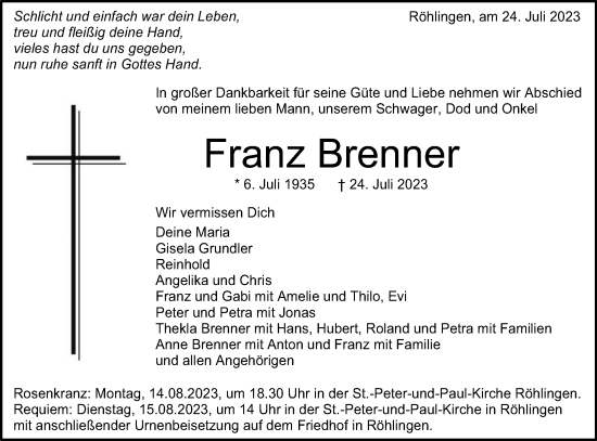 Traueranzeige von Franz Brenner von Schwäbische Post