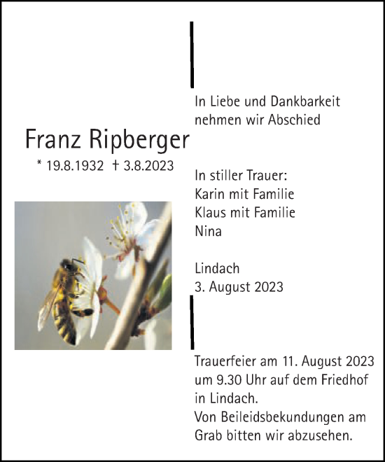 Traueranzeige von Franz Ripberger von Gmünder Tagespost