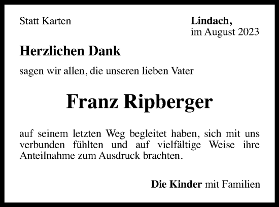 Traueranzeige von Franz Ripberger von Gmünder Tagespost