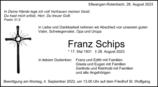 Traueranzeige von Franz Schips von Schwäbische Post