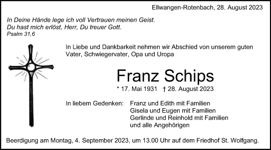 Traueranzeige von Franz Schips