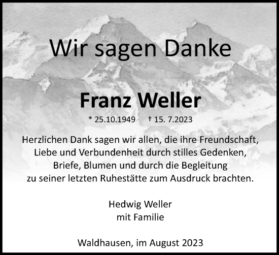 Traueranzeige von Franz Weller von Schwäbische Post