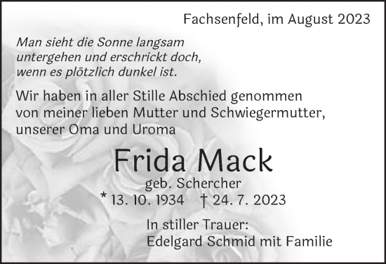 Traueranzeige von Frida Mack von Schwäbische Post