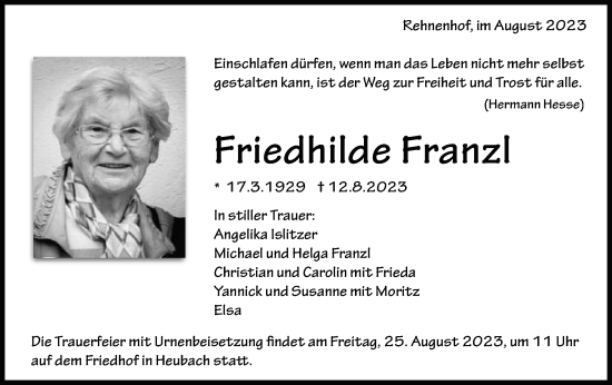 Traueranzeige von Friedhilde Franzl von Gmünder Tagespost