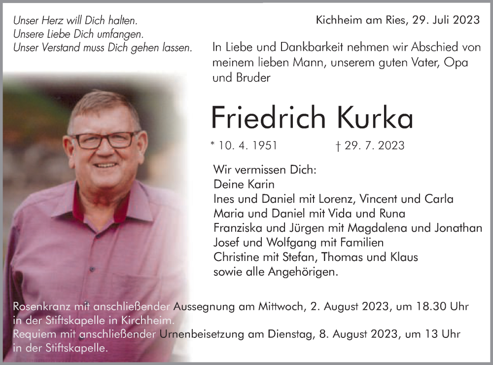  Traueranzeige für Friedrich Kurka vom 01.08.2023 aus Schwäbische Post