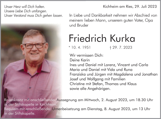 Traueranzeige von Friedrich Kurka von Schwäbische Post