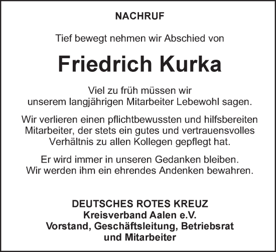 Traueranzeige von Friedrich Kurka von Schwäbische Post
