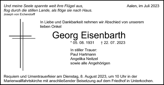 Traueranzeige von Georg Eisenbarth von Schwäbische Post