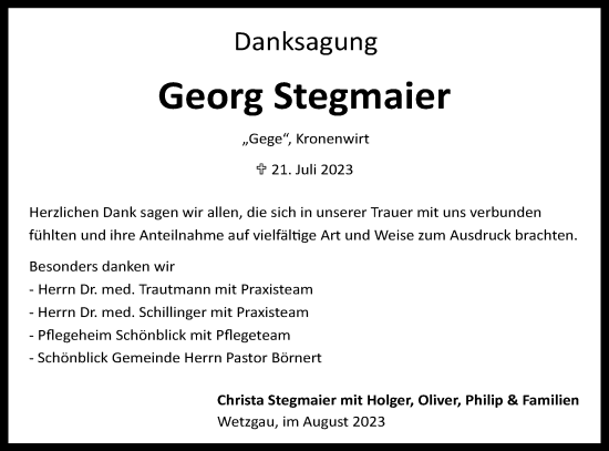 Traueranzeige von Georg Stegmaier von Gmünder Tagespost