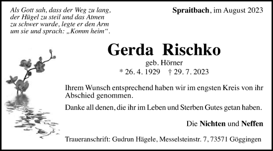Traueranzeige von Gerda Rischko von Gmünder Tagespost