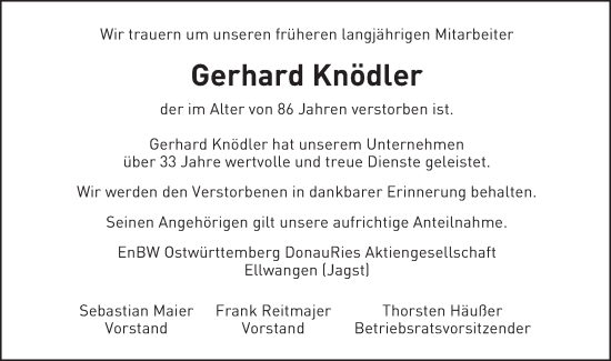 Traueranzeige von Gerhard Knödler von Schwäbische Post