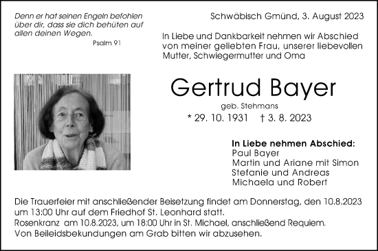 Traueranzeige von Gertrud Bayer