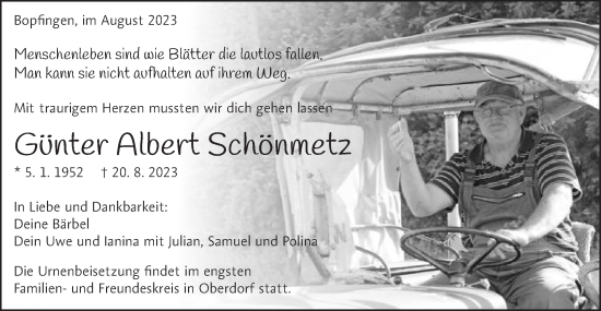 Traueranzeige von Günter Albert Schönmetz von Schwäbische Post