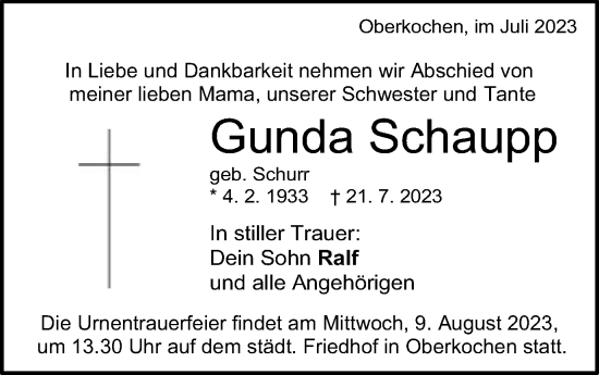 Traueranzeige von Gunda Schaupp von Schwäbische Post