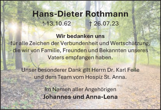 Traueranzeige von Hans-Dieter Rothmann von Schwäbische Post