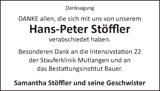 Traueranzeige von Hans-Peter Stöffler von Gmünder Tagespost