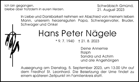 Traueranzeige von Hans Peter Nägele von Gmünder Tagespost