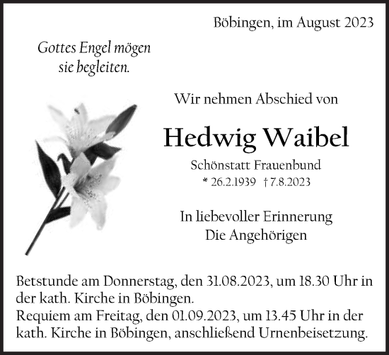 Traueranzeige von Hedwig Waibel von Gmünder Tagespost