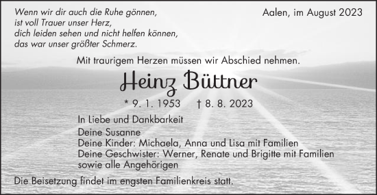 Traueranzeige von Heinz Büttner von Schwäbische Post